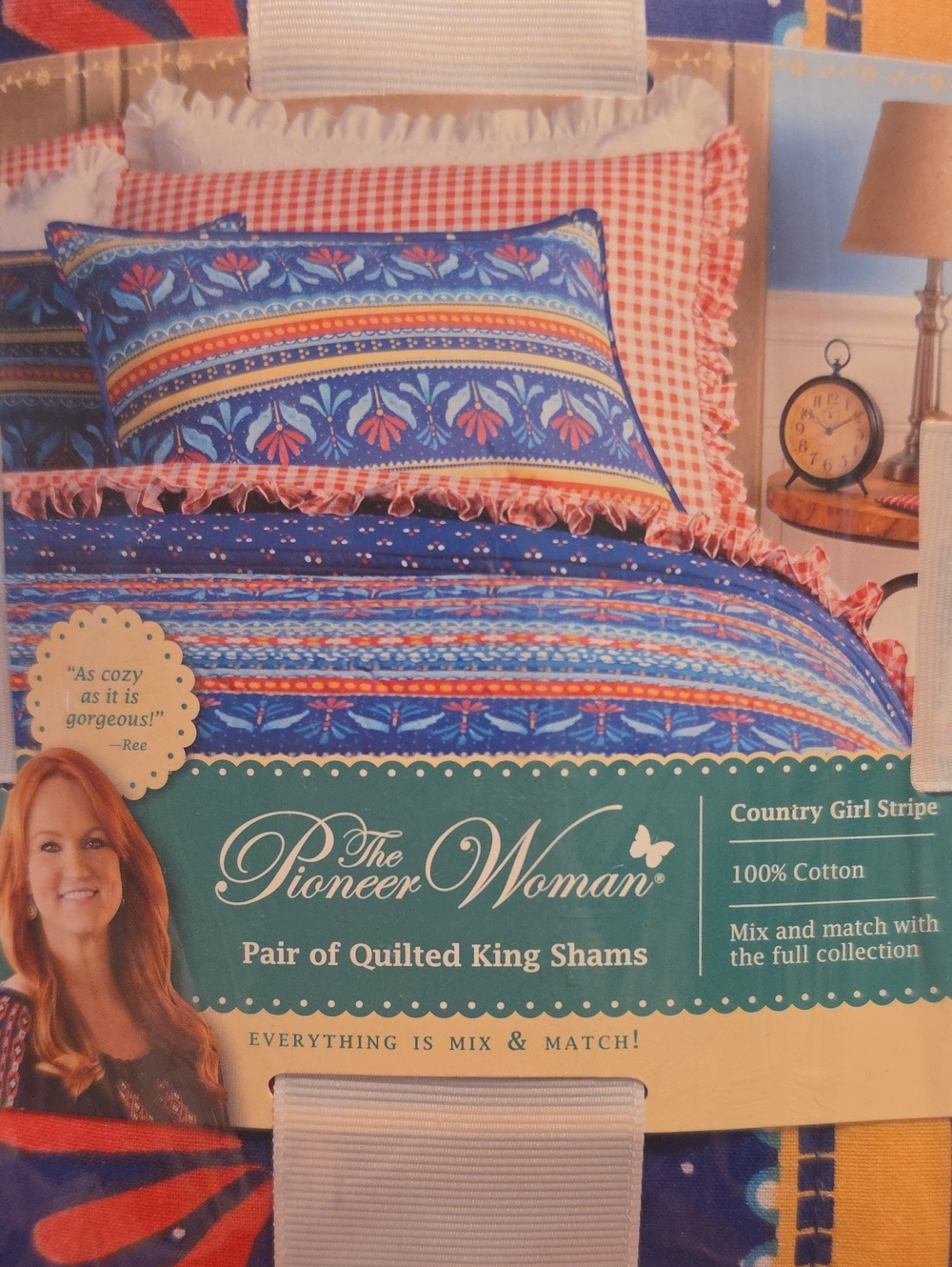 Pioneer Woman Blue Quilted Stripe 2 King Shams with Pink and Orange Accents New